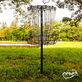 MVP Disc Sports Black Hole Practice Basket in use at backyard or park for versatile practice.