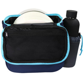 Water bottle holder keeps hydration within reach during a round.