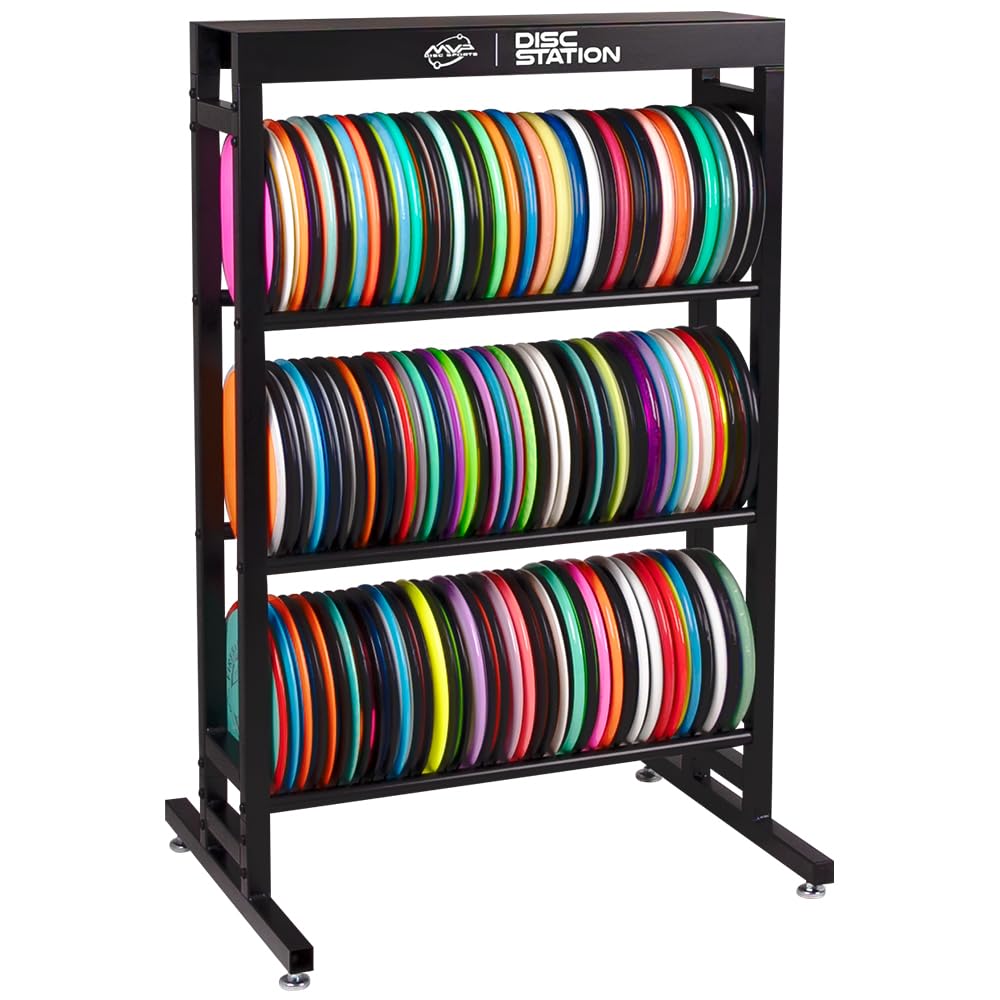 MVP Disc Sports Disc Station 3-shelf black front view for easy disc access.