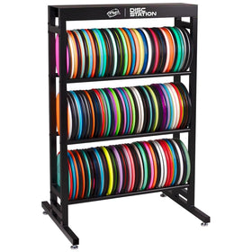 MVP Disc Sports Disc Station 3-shelf black front view for easy disc access.