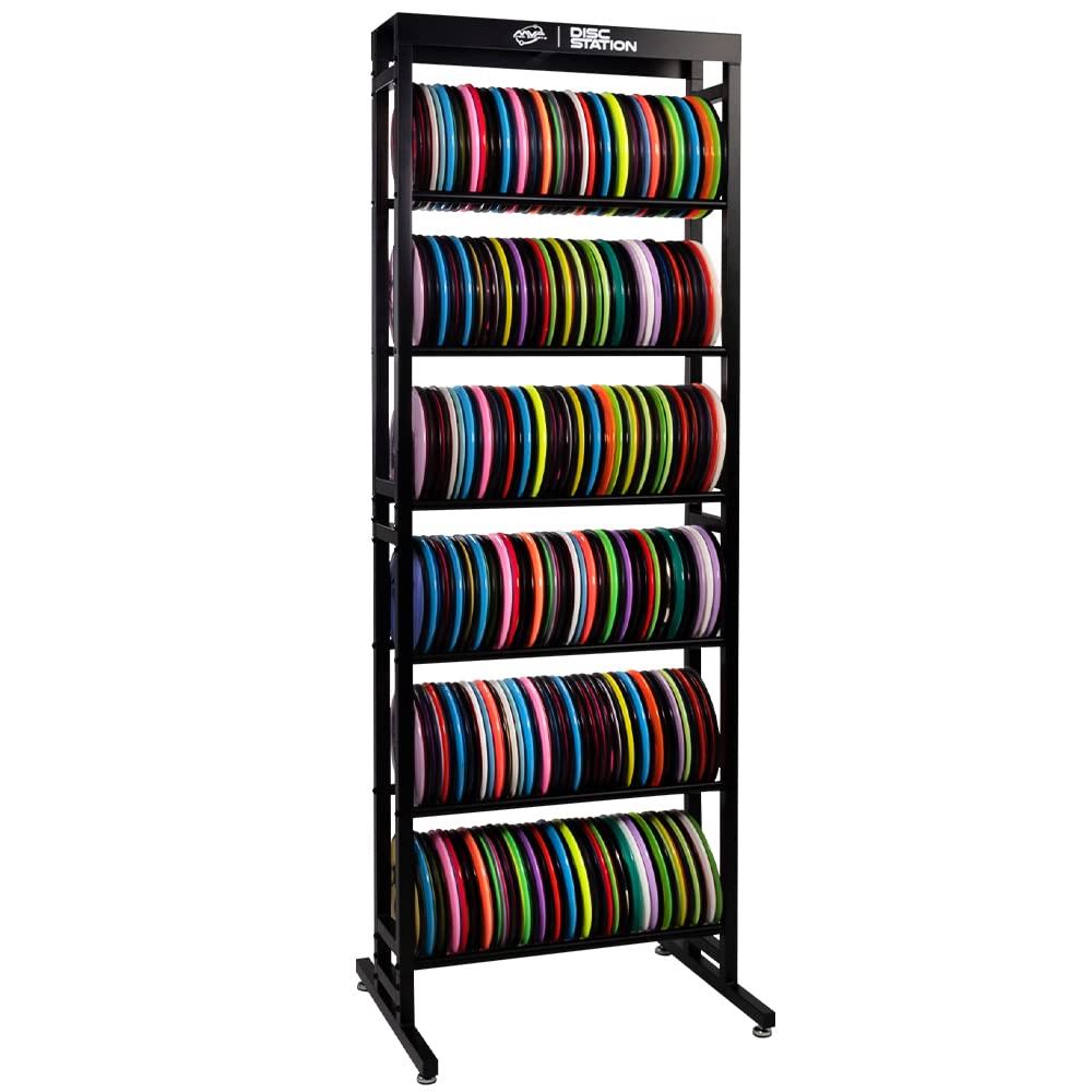 MVP Disc Sports Disc Station in black with six shelves for organized disc storage.