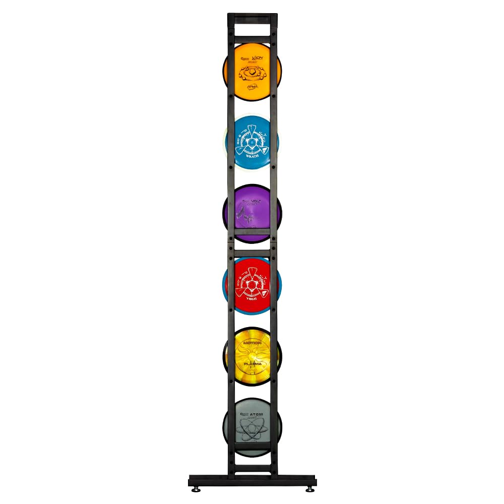 MVP Disc Sports Disc Station stands 66 inches tall to maximize space efficiency.