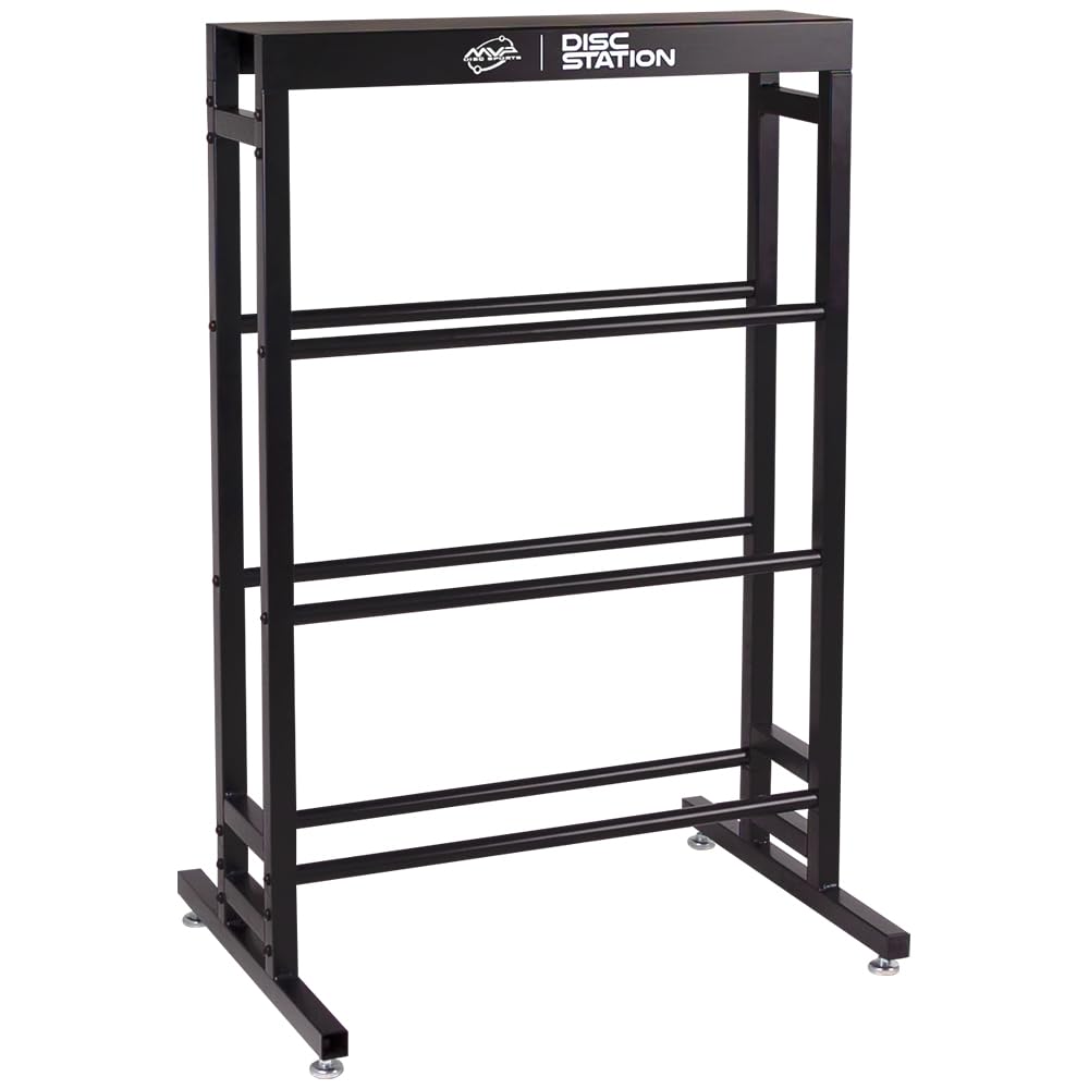 MVP Disc Sports Disc Station sturdy all-metal construction supports heavy disc collections securely.