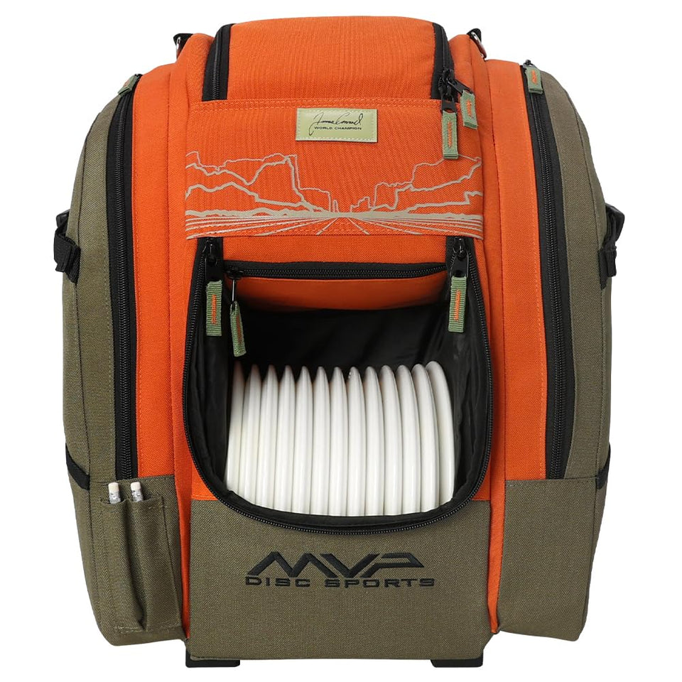 MVP Disc Sports Voyager Slim Backpack in olive orange carries 16–18 discs for a full round.