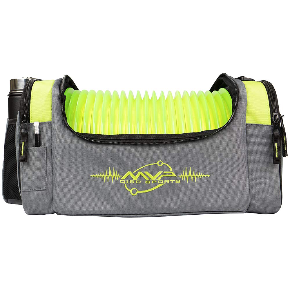 MVP Nucleus lime bag, angled view showing spacious main compartment for many discs