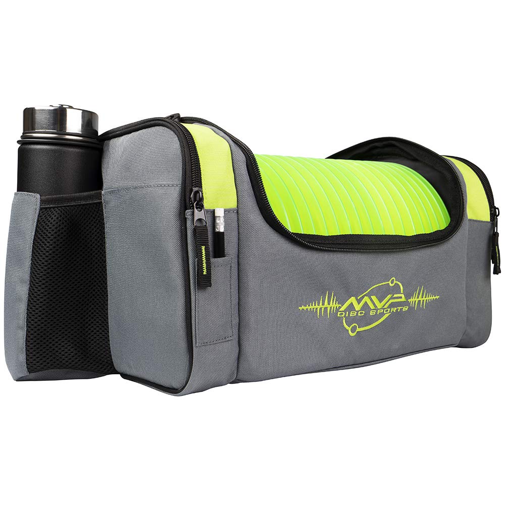 MVP Nucleus lime bag, dual putter pockets in use for quick-access discs