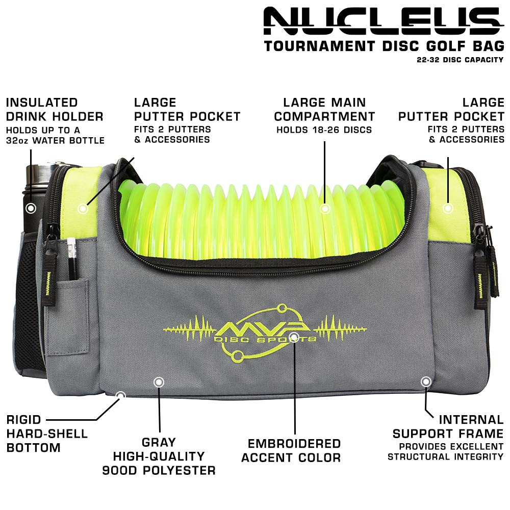 MVP Nucleus lime bag, open compartment highlights easy access to discs and pockets