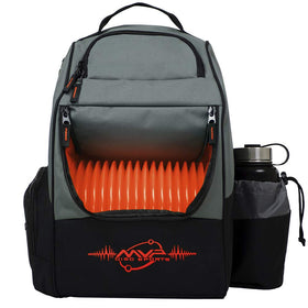 MVP Shuttle backpack front view showing ample disc storage and rugged gray-orange styling.