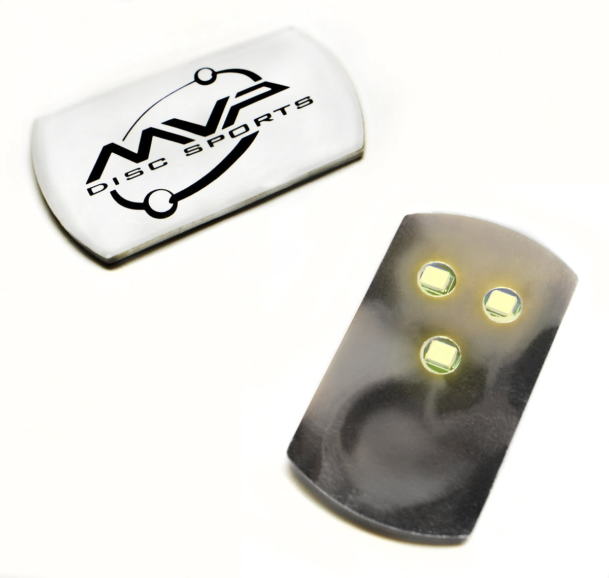 MVP Tri-Lite LED lights set, bright yellow disc golf lights for gameplay at dusk.