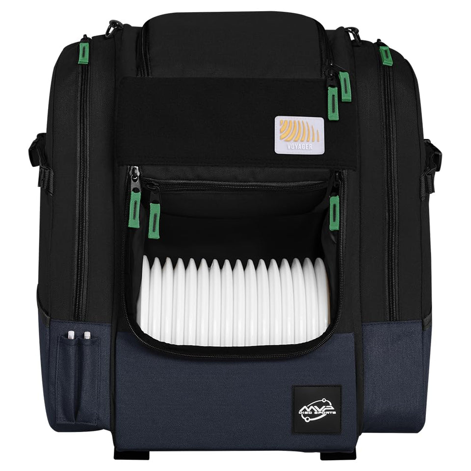MVP Voyager backpack front view showing durable, compact disc storage