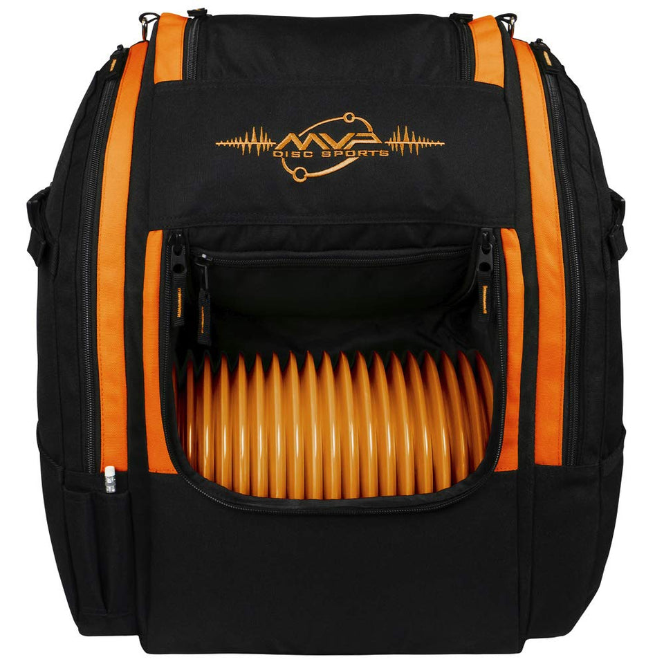 MVP Disc Sports Voyager Lite backpack front view highlighting durable construction for all-day play.