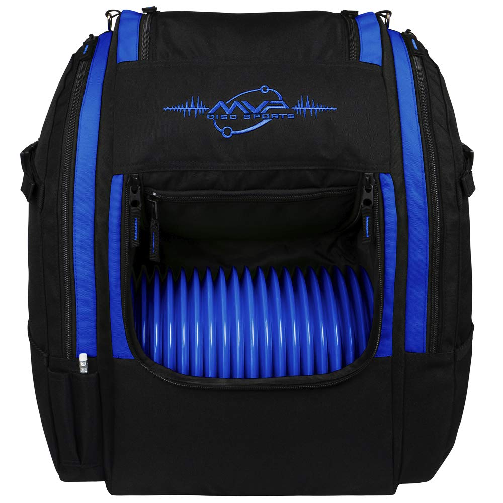 MVP Disc Sports Voyager Lite backpack front view with spacious main compartment for 18+ discs.