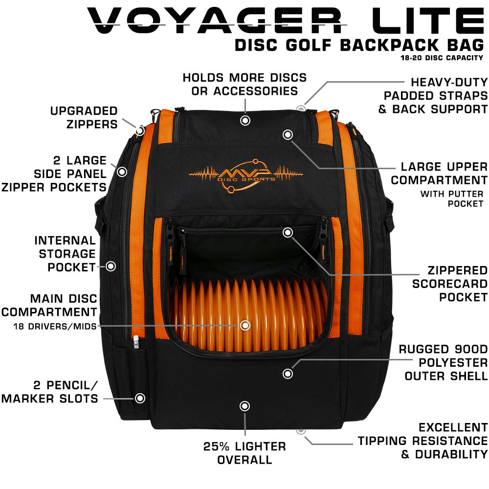 MVP Disc Sports Voyager Lite main compartment open, fits 18+ discs for serious players.