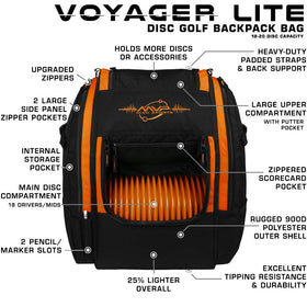 MVP Disc Sports Voyager Lite main compartment open, fits 18+ discs for serious players.