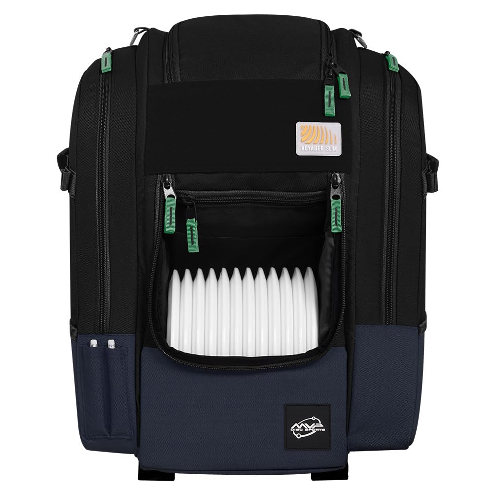 MVP Disc Sports Voyager Slim Backpack black front view for quick disc access
