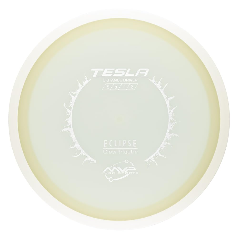 MVP Eclipse Glow 2.0 Tesla disc in flight at dusk for high visibility.