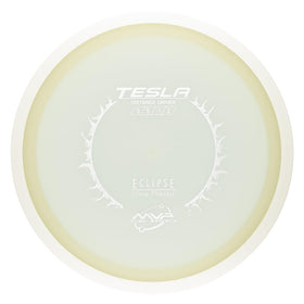 MVP Eclipse Glow 2.0 Tesla disc in flight at dusk for high visibility.