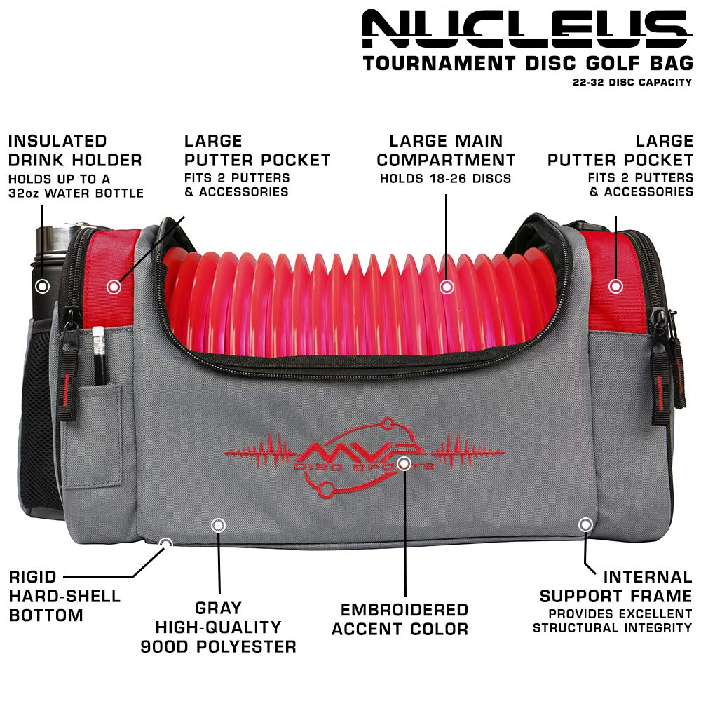 MVP Nucleus bag red capacity display highlights 22–32 discs.