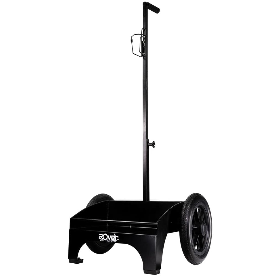 MVP Rover Cart black wheels with durable no-flat tires for versatile terrain on the course.