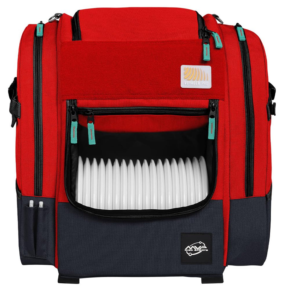 MVP Voyager Backpack Red front view showing spacious main compartment for discs.