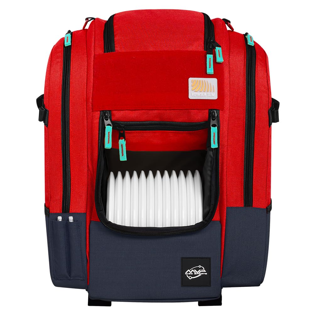 Front view of MVP Voyager Slim backpack in red showing accessible storage