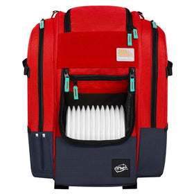 Front view of MVP Voyager Slim backpack in red showing accessible storage