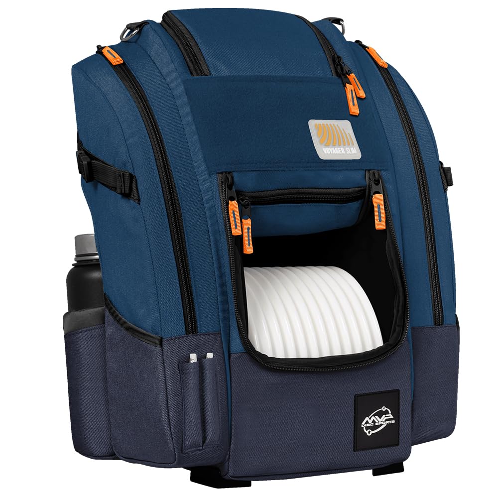 MVP Voyager Slim blue backpack showing enhanced back padding for fatigue-free rounds