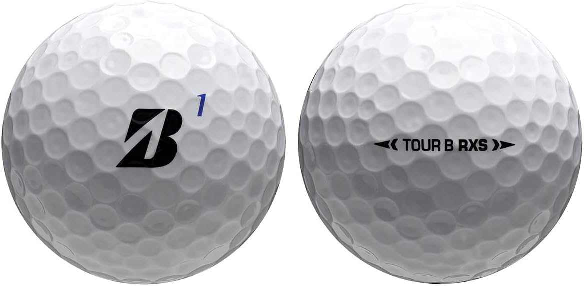 MX Seven Bridgestone Tour B RXS ball closeup dual-dimple design enhances lift and reduced drag.
