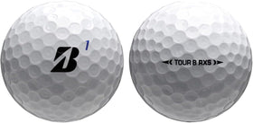 MX Seven Bridgestone Tour B RXS ball closeup dual-dimple design enhances lift and reduced drag.