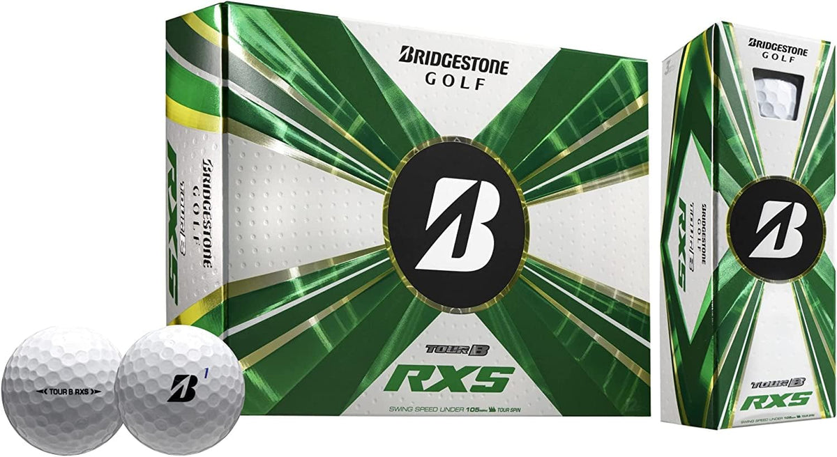 MX Seven Bridgestone Tour B RXS white ball front shot emphasizes visibility on fairways and greens.