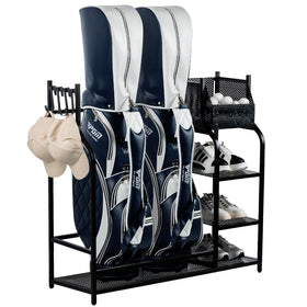 MyGift golf bag stand in the garage keeps two bags neatly organized