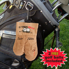 MY SACK Senior Edition with golf balls demonstrates compact on-course storage for tees and gloves.