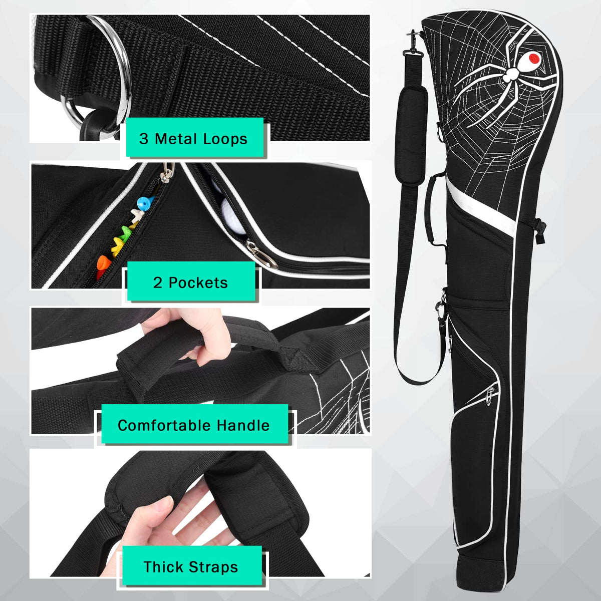 Mytag golf bag with cart-belt pass-through keeps it upright on carts