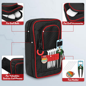 mytag Golf Ball Bag Pouch elasticized section holds 5 tees, a marker, and divot tool