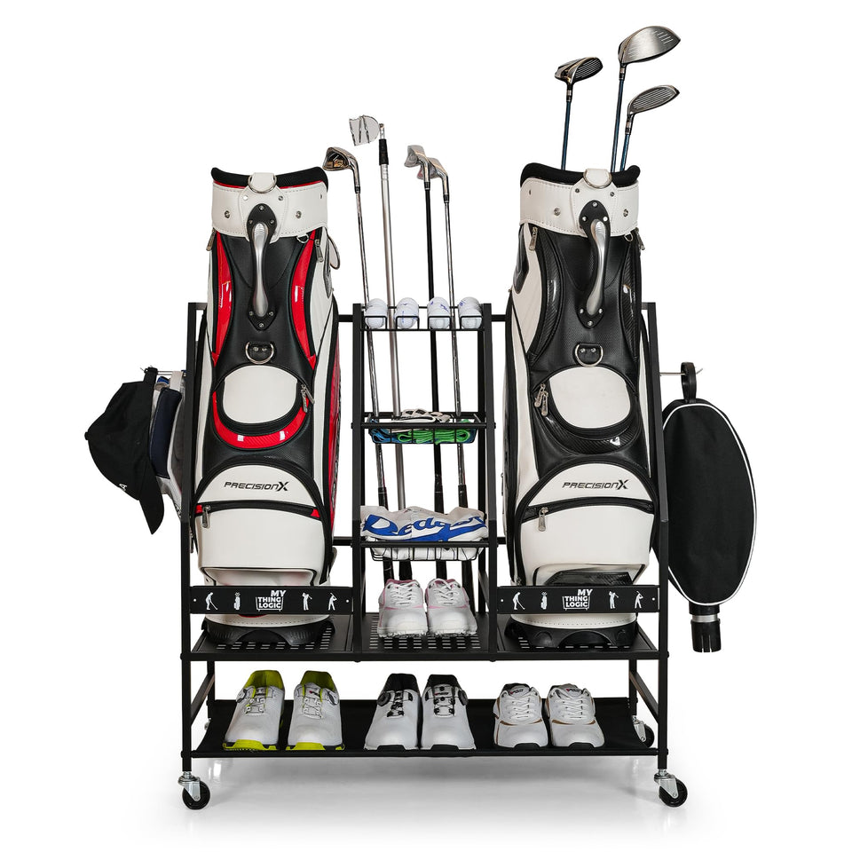 Mythinglogic 2 Golf Bag Storage Organizer keeping bags and accessories within easy reach