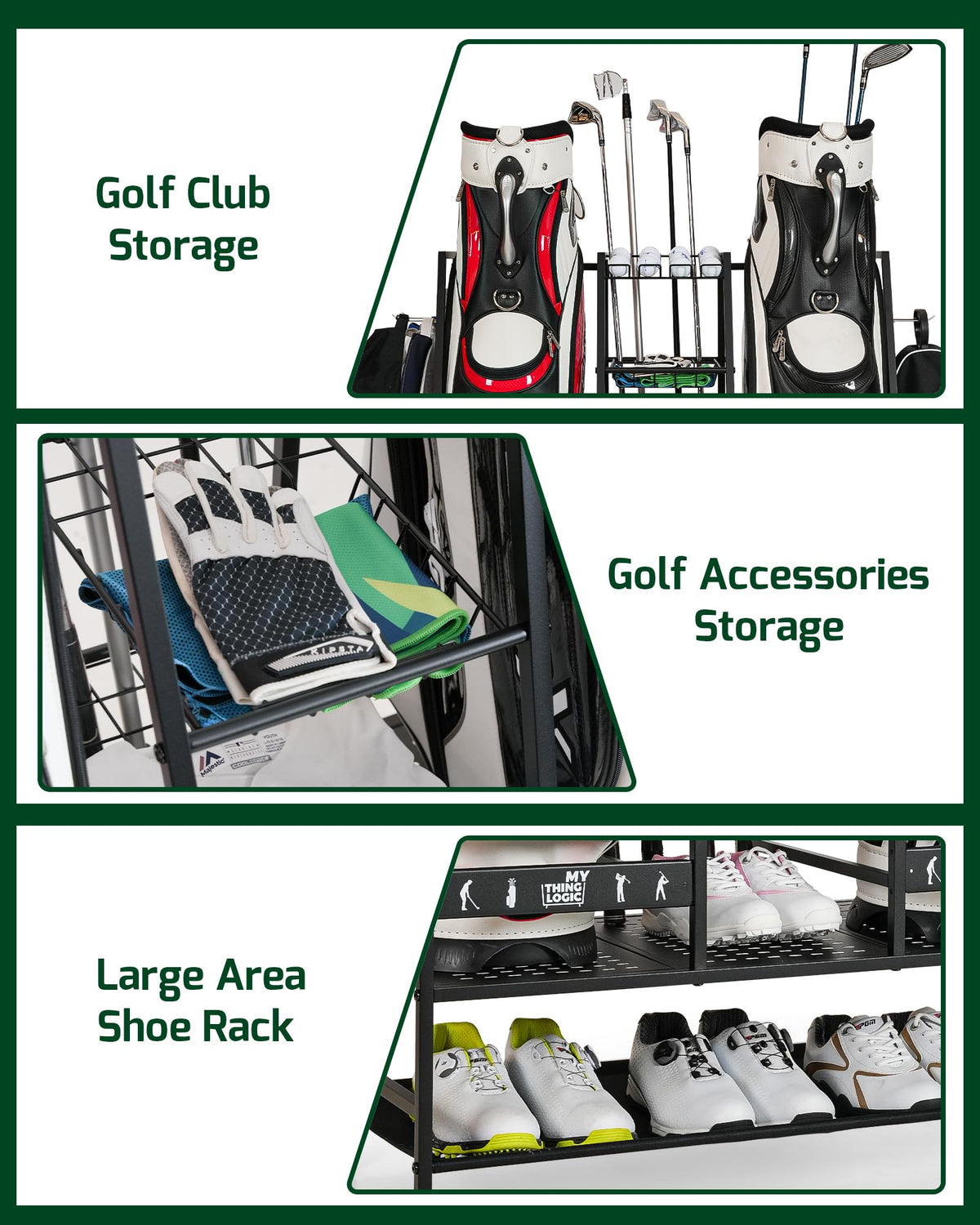 Mythinglogic garage golf equipment rack neatly organizes clubs and gear in the garage