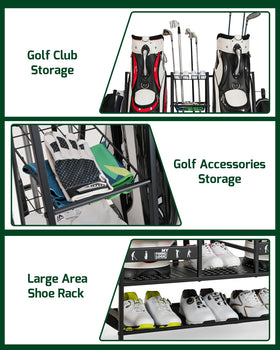 Mythinglogic garage golf equipment rack neatly organizes clubs and gear in the garage