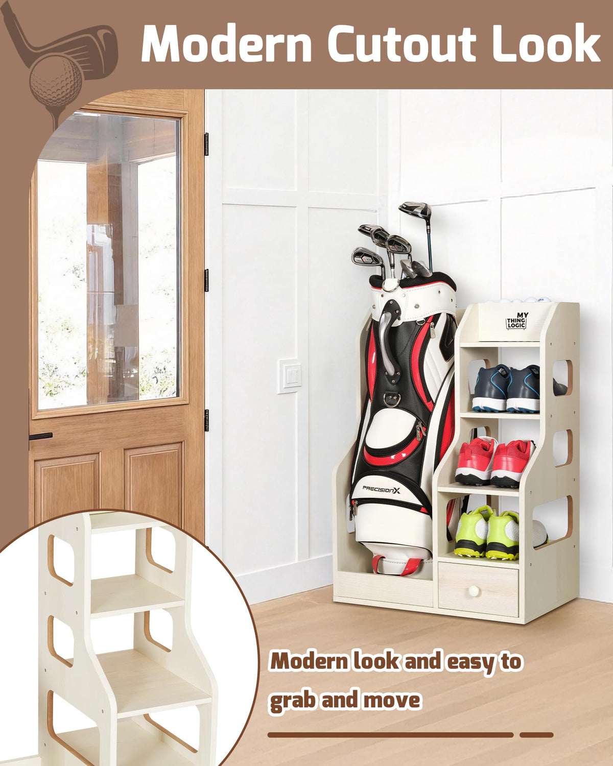 Mythinglogic golf bag storage rack corner design side panel for space-saving airflow.