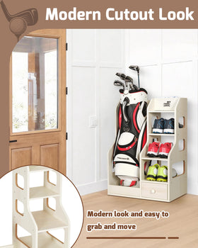 Mythinglogic golf bag storage rack corner design side panel for space-saving airflow.