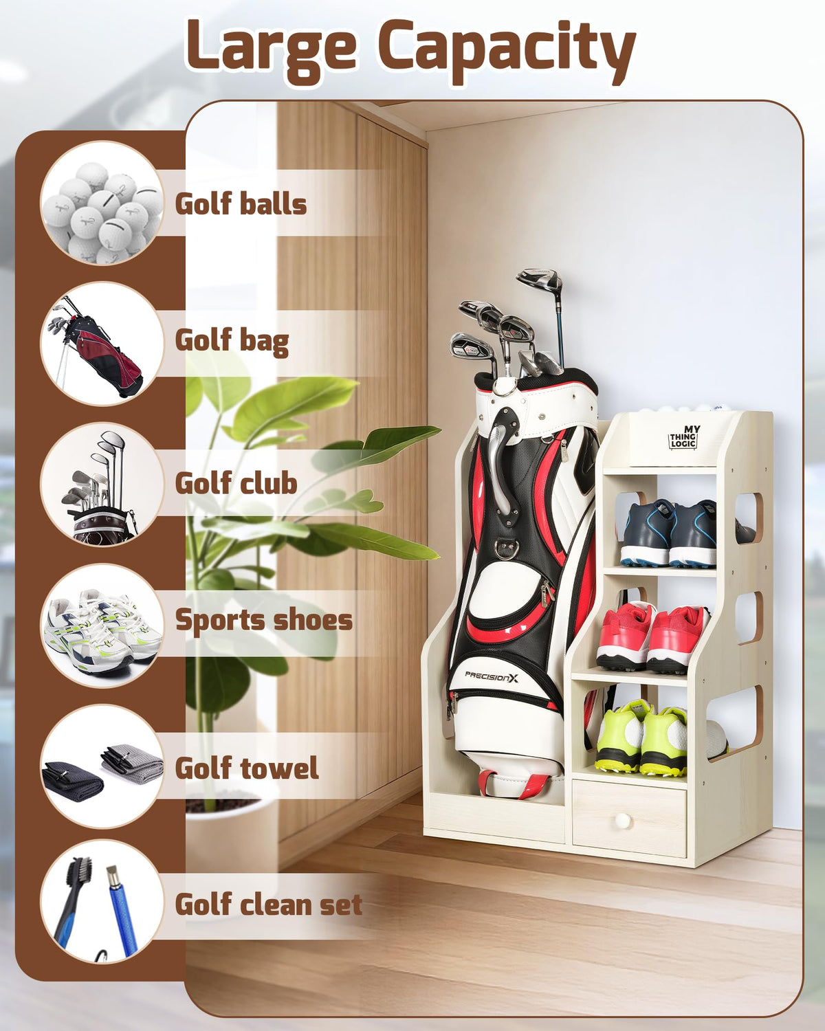 Mythinglogic golf bag storage rack drawer with gloves and tees organized.
