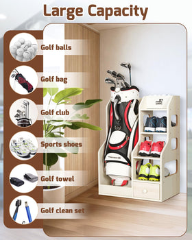 Mythinglogic golf bag storage rack drawer with gloves and tees organized.