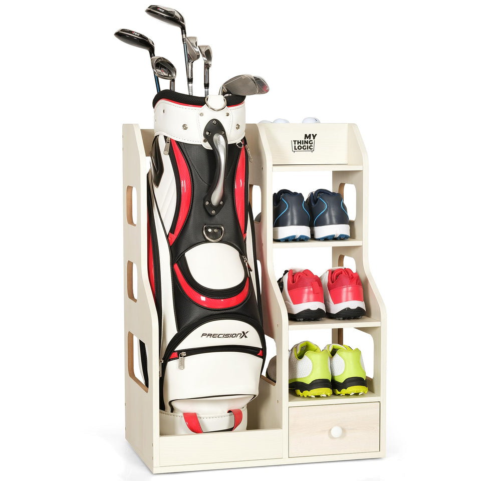Mythinglogic golf bag storage rack front view for single-bag organization and quick access.