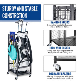 Mythinglogic golf bag storage rack shows movable hooks for tidy accessories