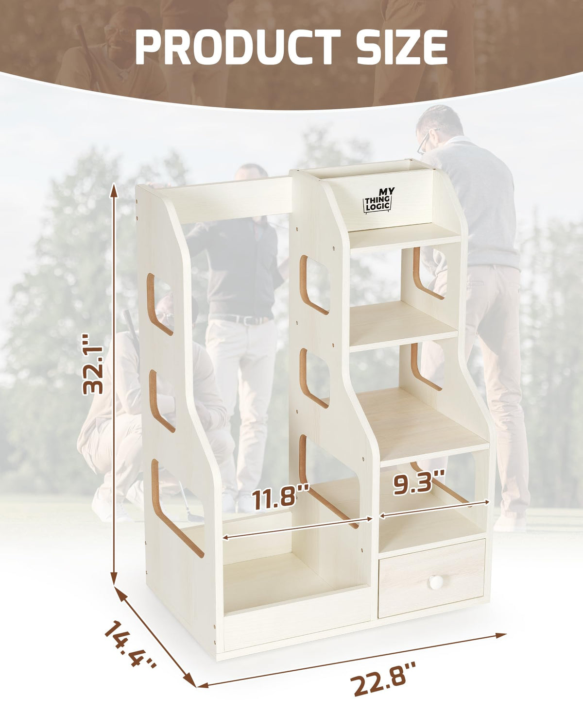 Mythinglogic golf bag storage rack in simulator room setup demonstrates organized gear.