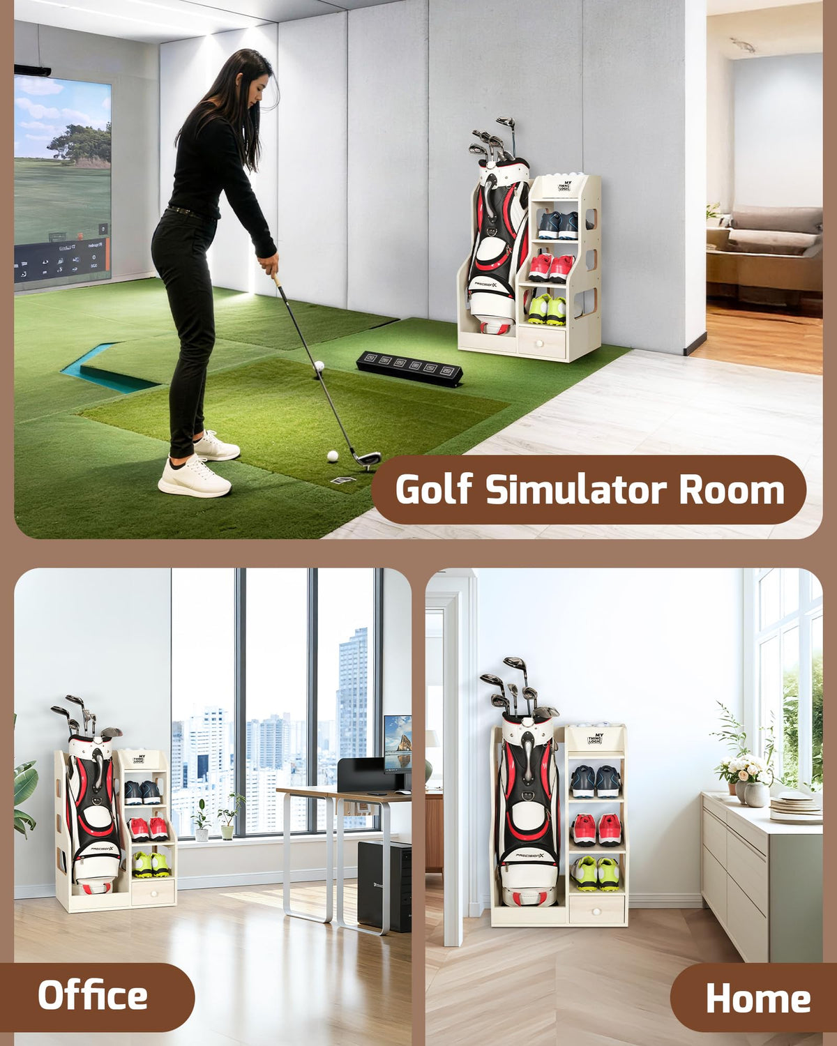 Mythinglogic golf bag storage rack wood finish close-up highlights durable MDF and smooth texture.