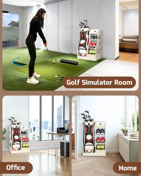 Mythinglogic golf bag storage rack wood finish close-up highlights durable MDF and smooth texture.