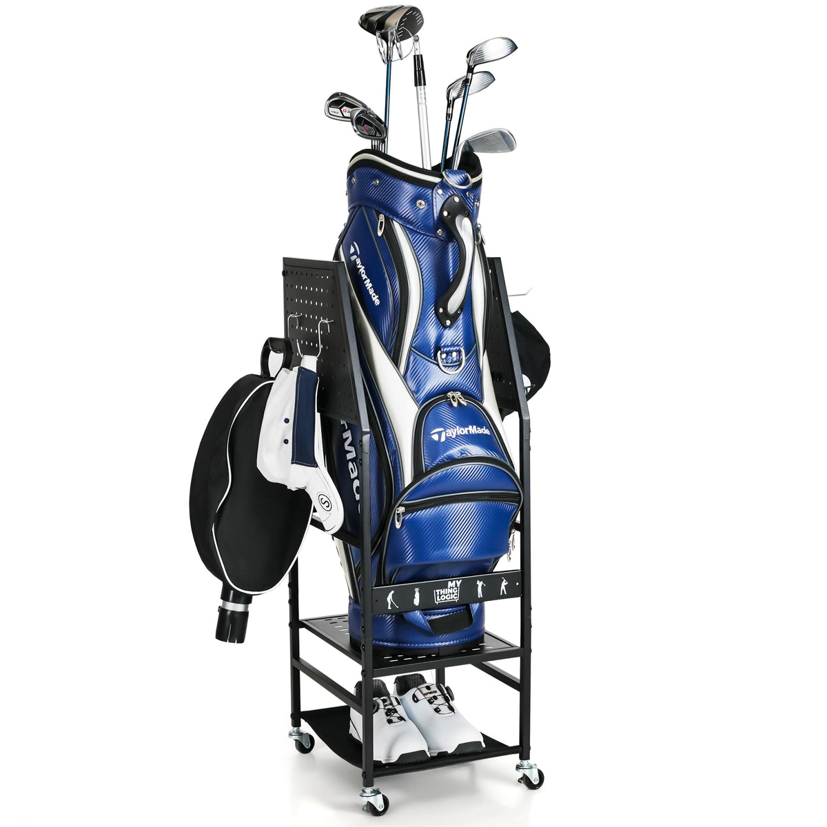 Mythinglogic golf bag storage stand showing neatly organized bags for easy access
