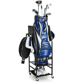 Mythinglogic golf bag storage stand showing neatly organized bags for easy access