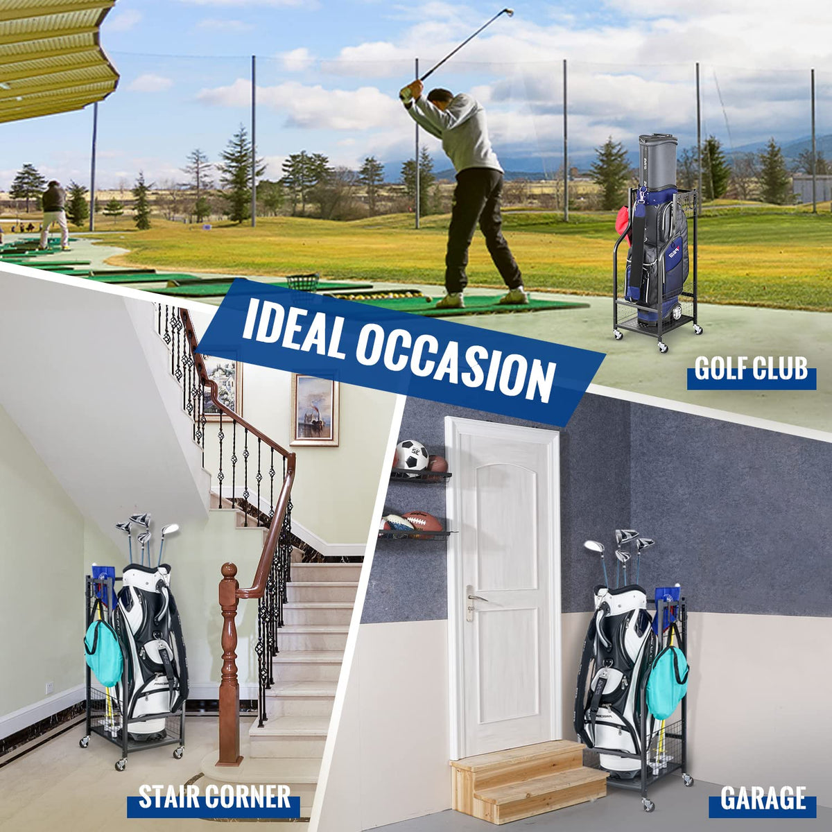 Mythinglogic golf rack features adjustable feet for stable placement on uneven surfaces