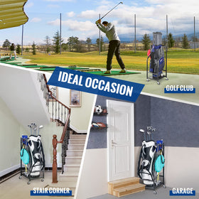 Mythinglogic golf rack features adjustable feet for stable placement on uneven surfaces
